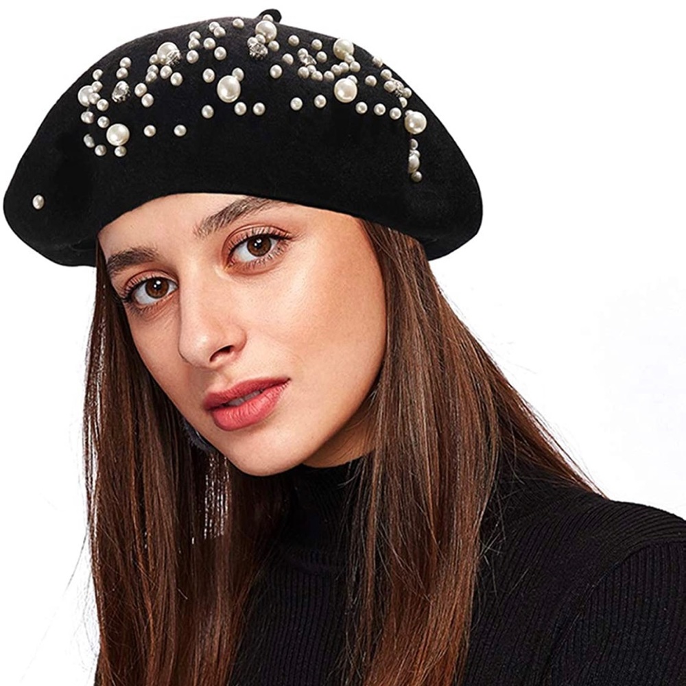 Pearl-Embellished Black Wool Beret - Women's Fashion Accessory
